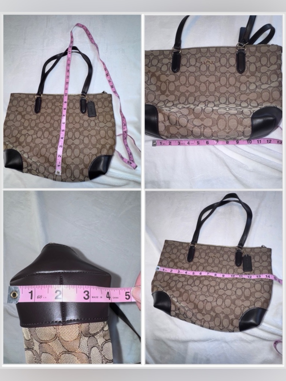 Coach Signature Zip Tote Khaki Brown Canvas Leather Trim Shoulder Bag Large - Picture 6 of 12